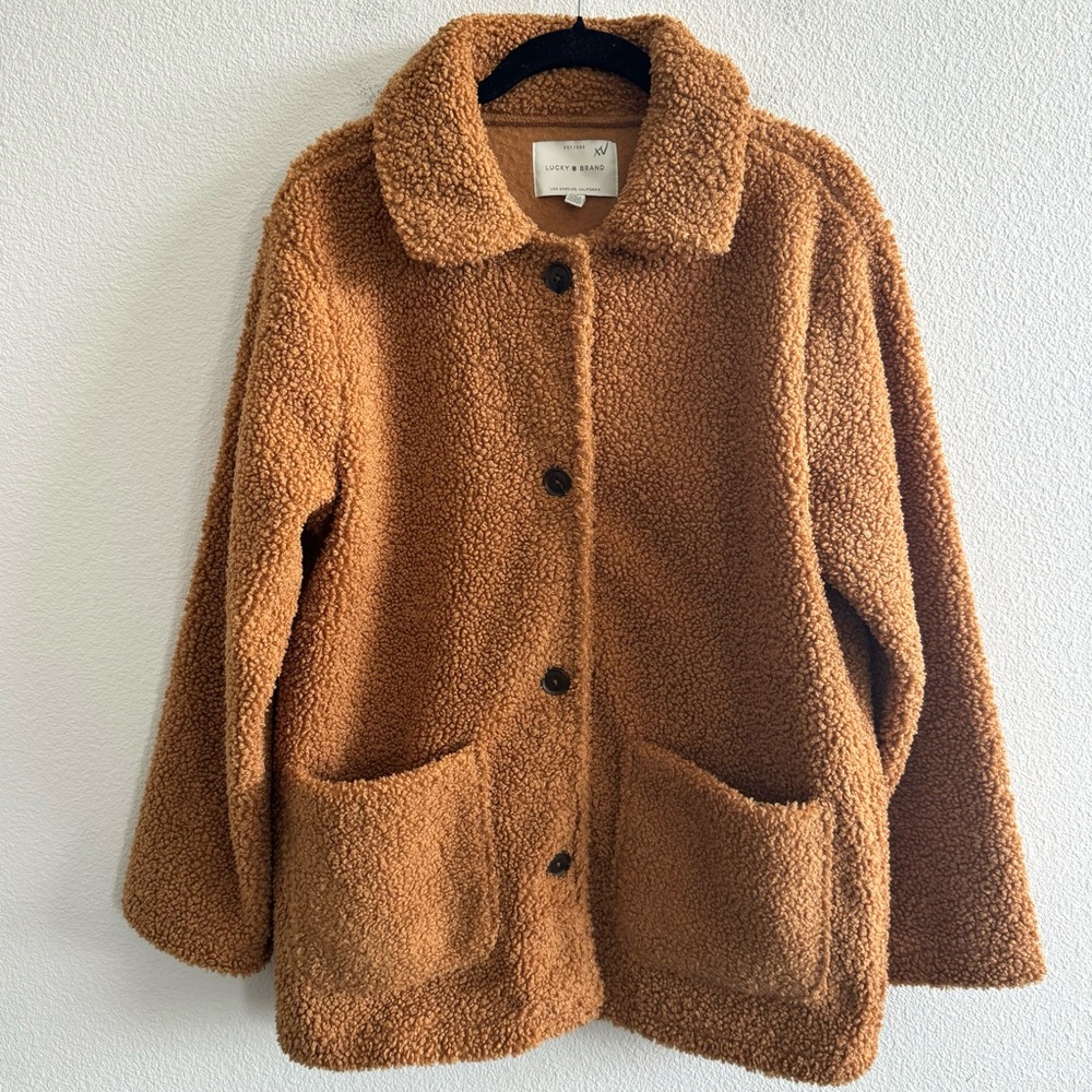 Lucky Brand Faux Fur Teddy Coat Jacket Tan Brown Cozy Fall Winter - Picture 2 of 10